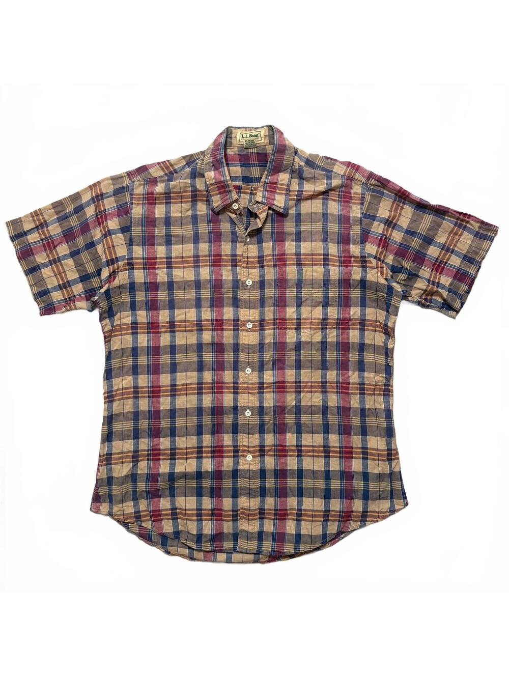 VTG 90's L.L. Bean Plaid Short Sleeve Button-Up Shirt Mens L Multi Color Cotton